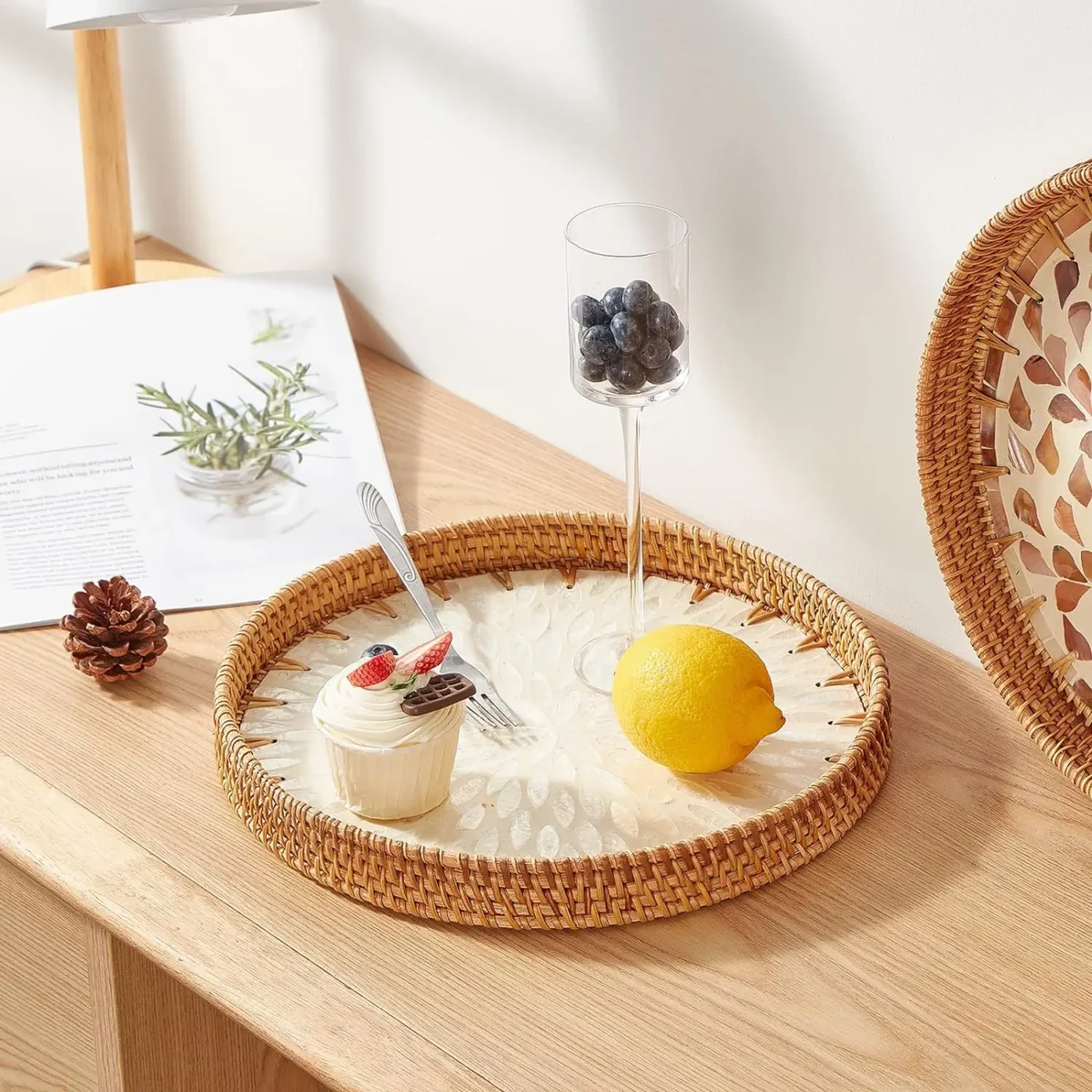 Round Rattan Tray with Mother of Pearl Inlay Rattan Serving Tray Wooden Base Storage and Display of Coffee Bread Food Fruit - Image 2