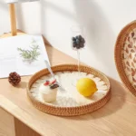 Round Rattan Tray with Mother of Pearl Inlay Rattan Serving Tray Wooden Base Storage and Display of Coffee Bread Food Fruit - Image 2