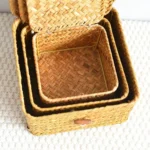 Rattan Weaving Wicker Shelf Baskets New Lid Rectangular Bin Handwoven Home Organizer Bedroom - Image 4