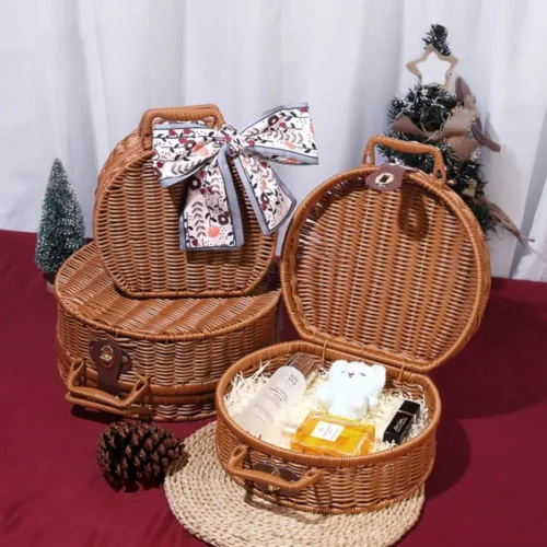 Practical Round Wicker Suitcase Large Capacity Dust-proof Picnic Basket Handmade Anti-impact Sundries Organizer for Home