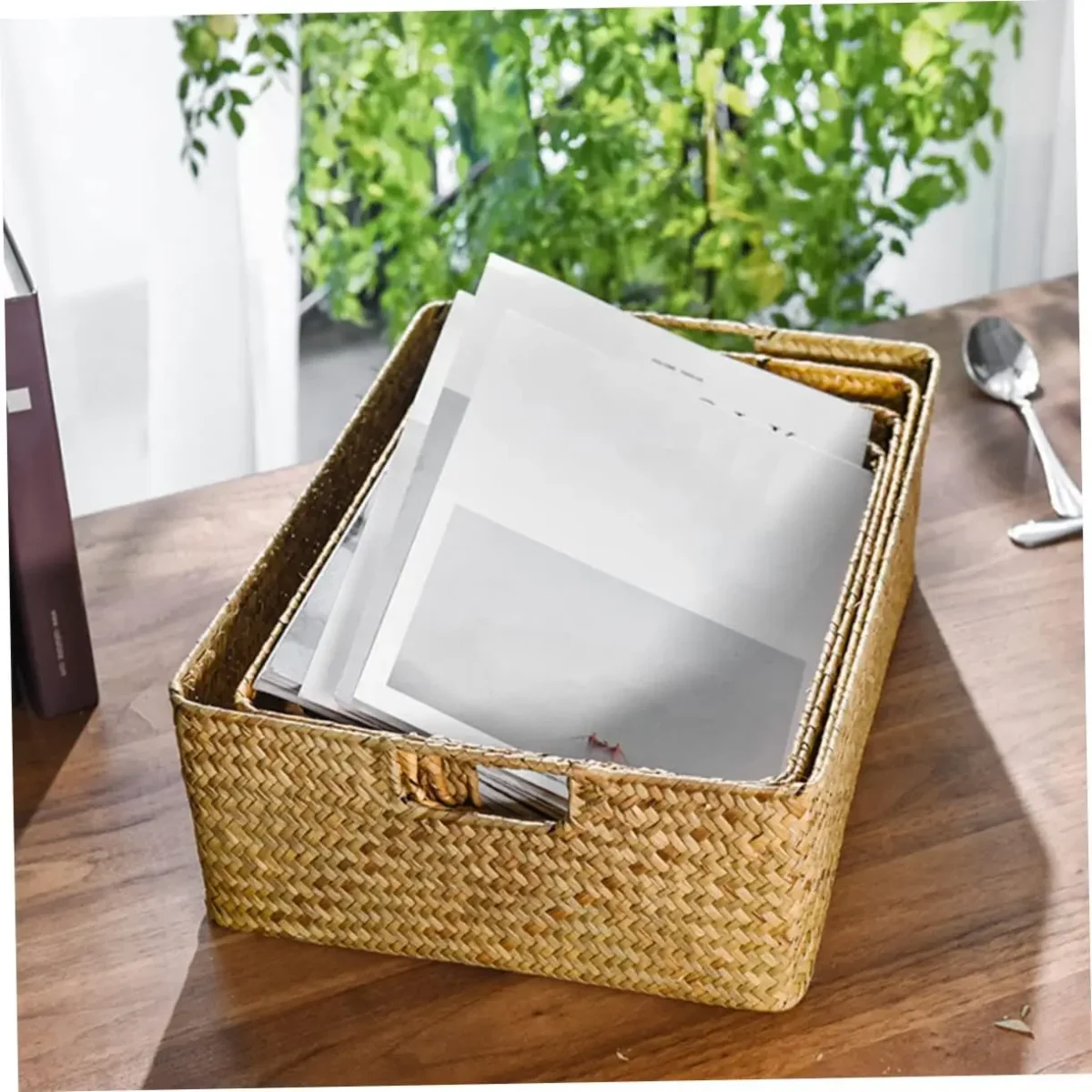 woven Seaweed Storage Baskets Rectangular Organizer Boxes Pantry Storage Laundry Basket Lid Home - Image 5