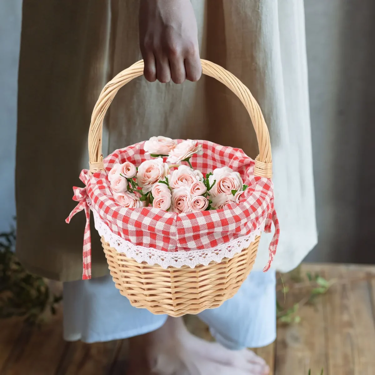 Zerodeko Little Red Riding Hood Basket Hand Woven Picnic Bag Gift Basket Wicker Storage Basket Linen Inner Basket Storage - Image 2