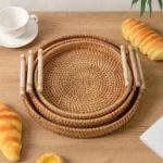 1PC Woven Rattan Storage Basket with Strap Handle round Tray for Bread Snacks Fruits Picnic - Home Organization Basket - Image 3