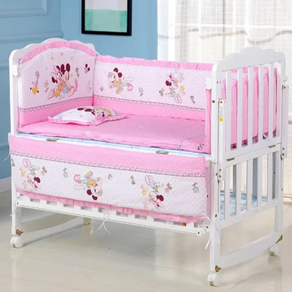 6Pcs Mickey Mouse Baby Crib Bedding Sets for Boys Girls Luxury Nursery Set Cot Bed Set Room Decoration (4Bumpers+Matress+Pillow)