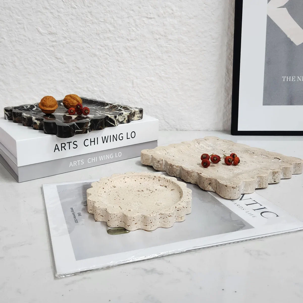 Natural Marble Travertine Tray Square Scalloped Edge Natural Stone Jewelry Organizer Home Decor Storage for Key Rings Essentials - Image 1