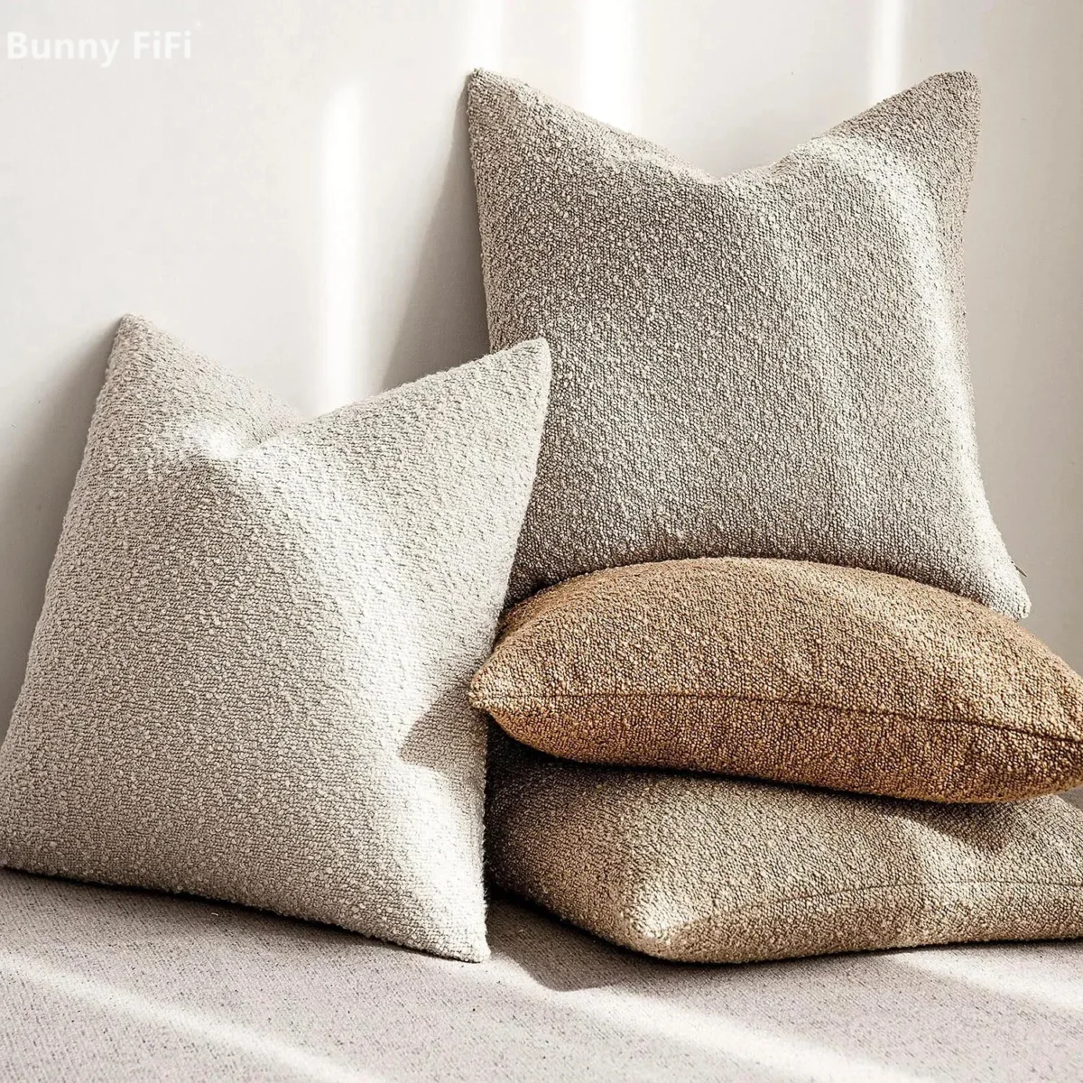 Solid Boucle Throw Pillow Cover Ivory Grey Camel Puffy Soft Design Cushion Cover Texture Couch Pillow Case Cozy 18x18" 45x45cm - Image 1