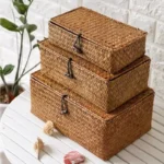 +Handwoven Seagrass Shelf Basket with Lid, Rectangular Desktop Organizer for Makeup & Sundries
