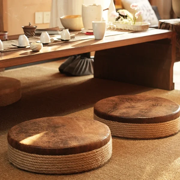Woven Tatami Floor Cushion Round Straw Pouf Floor Seat Japanese Tea Room Pad for Meditation Zen Style Living Room Seat