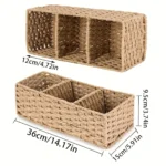 1pc Woven Three-Compartment Storage Basket, Handmade Paper Rope & Willow Storage Bin, Toilet Tank Top Tissue Box Holder - Image 4