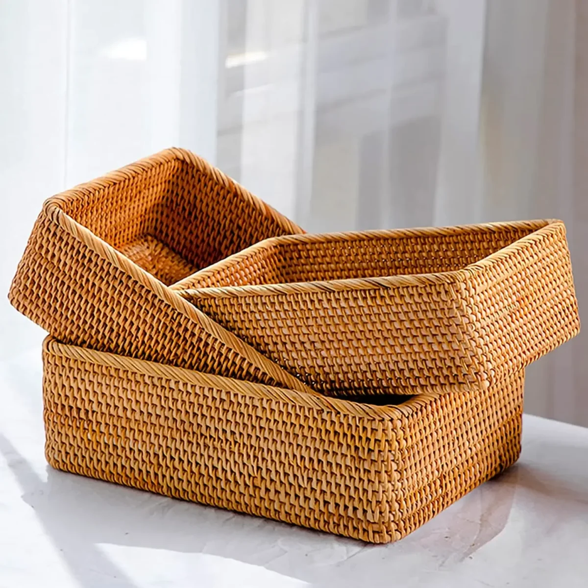 3 Sizes Rectangular Rattan Storage Baskets, Handmade Woven Nesting Wicker Baskets for Decor, Fruit Tray and Snack Storage Box - Image 1