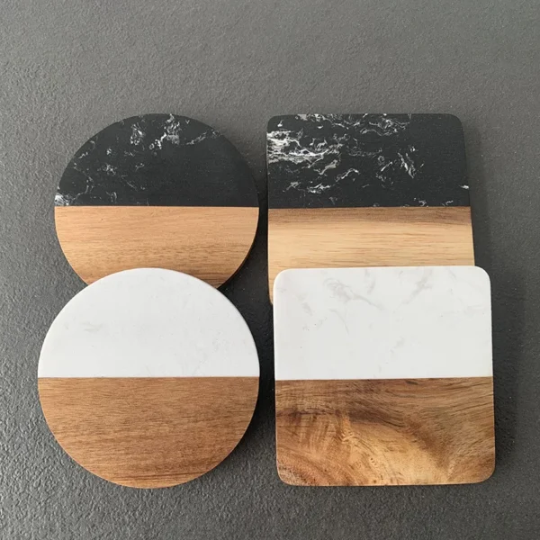 Elegant Marble Coaster with Wood Stitching for Stylish Homes
