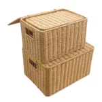 Hand-woven Storage Basket Rattan Storage Tray PP Rattan Basket Bread Fruit Food Breakfast Light Brown With Cover Storage Basket - Image 2