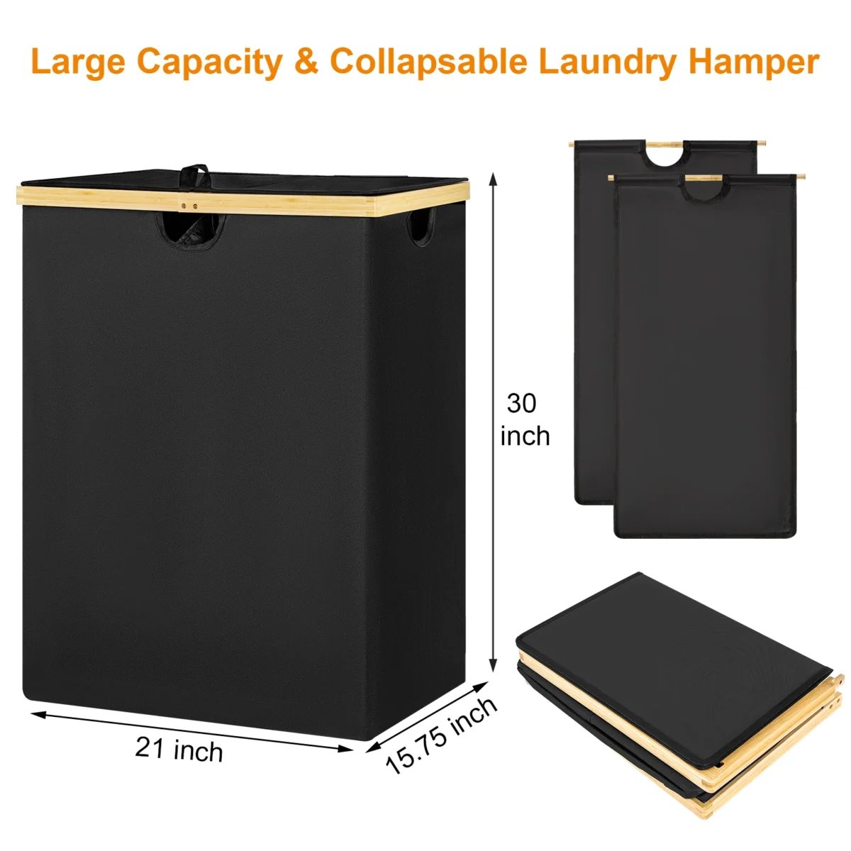 165L Large Laundry Hamper Basket with Bamboo Handle, 2 Compartments, Oxford Fabric, Grey - For Laundry Room, Dorm, Home - Image 4