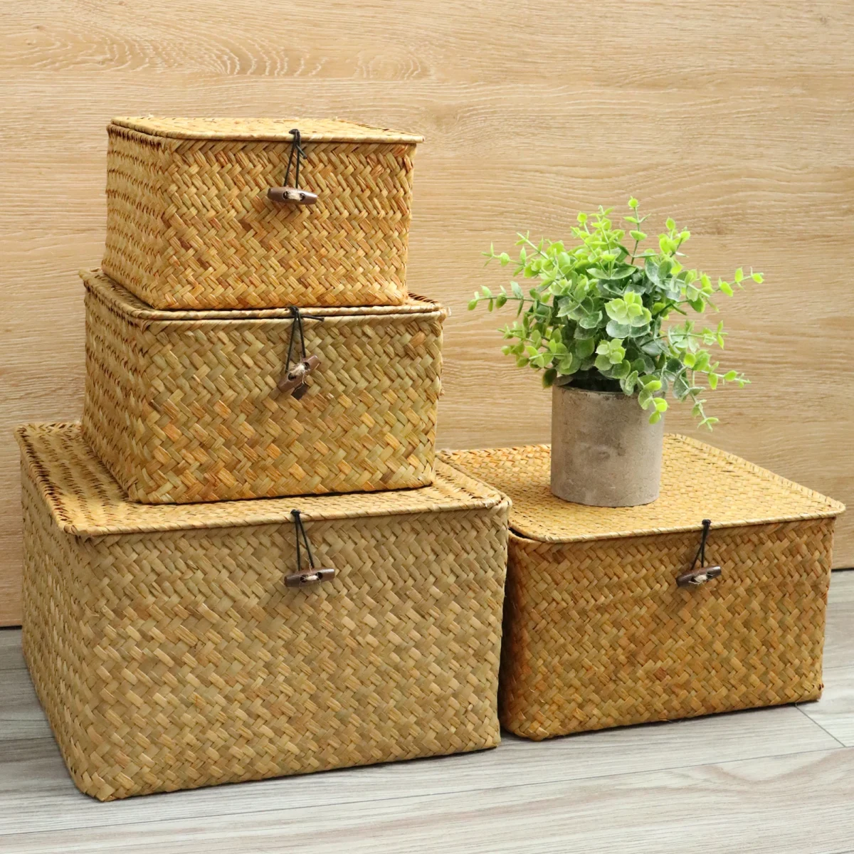 Set of 4 Seagrass Basket with Lid Wicker Storage Basket Decor Storage Boxes Flat Storage Bins Woven Organizer Baskets for Shelf - Image 3