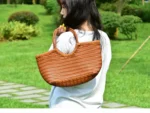 Fashion Leather Handbags Women's Leather Weaving Casual Shopping Bag Vintage Basket Tote Purse Cowhide Cross Shopping bag - Image 2