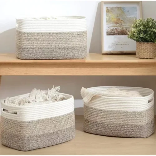 Cotton Rope Woven Storage Basket Solid Color Desktop Cosmetic Organizer Box Toy Laundry Storage Basket Laundry Basket