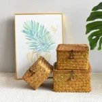 Rattan Weaving Wicker Shelf Baskets New Lid Rectangular Bin Handwoven Home Organizer Bedroom - Image 3