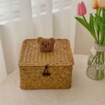 Ins Bear Storage Basket - Woven Willow Desktop Organizer with Dustproof Lid - Image 5
