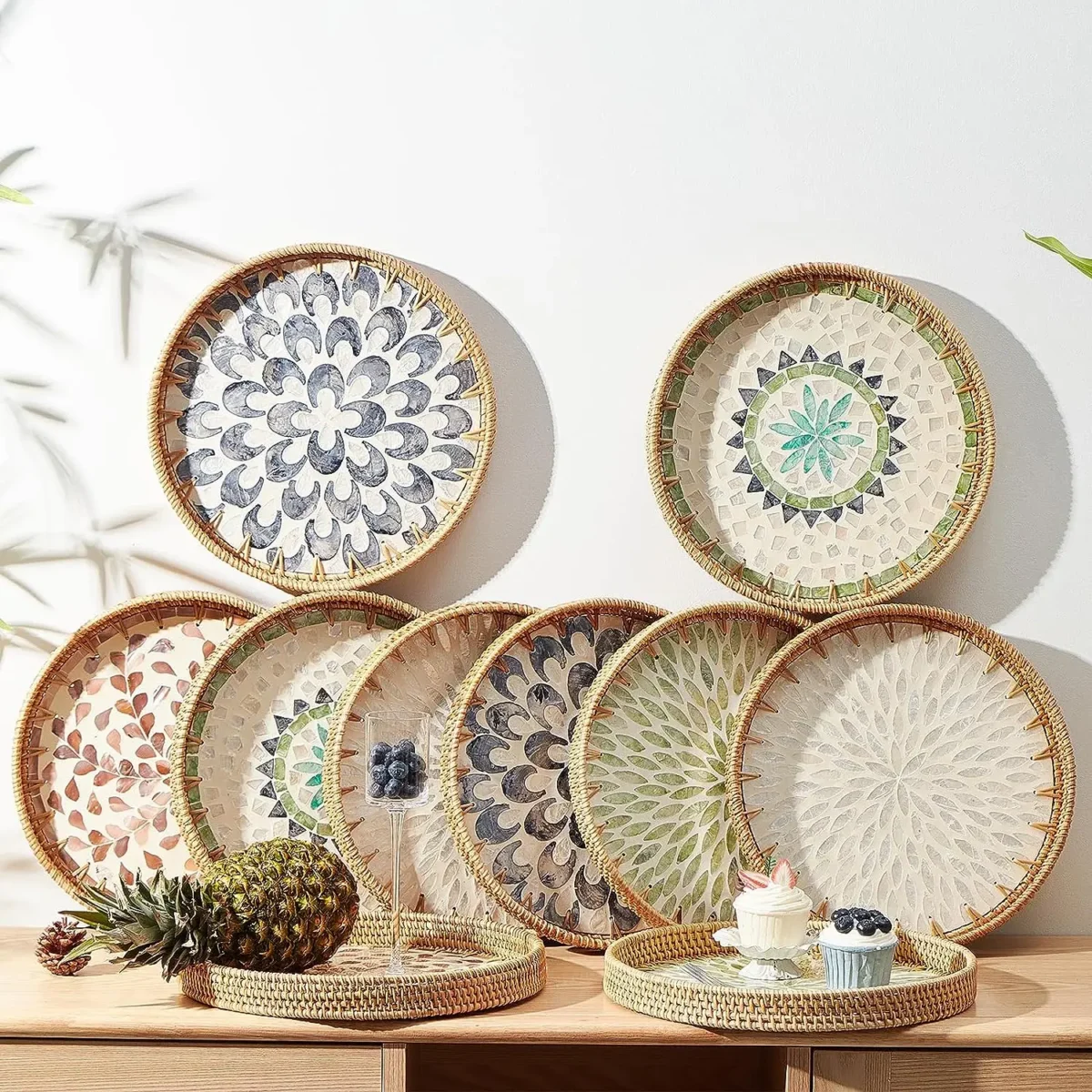 Round Rattan Tray with Mother of Pearl Inlay Rattan Serving Tray Wooden Base Storage and Display of Coffee Bread Food Fruit - Image 6