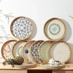 Round Rattan Tray with Mother of Pearl Inlay Rattan Serving Tray Wooden Base Storage and Display of Coffee Bread Food Fruit - Image 6