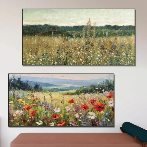 Wildflower Field Landscape Oil Canvas Painting Print, Vintage Landscape Boho Art Poster Print Country Field Wall Art Home Decor