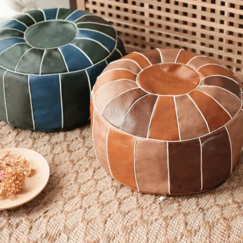 Moroccan Style PU Leather Pouf Embroider Craft No Fillings Ottoman Covers Footstool Artificial Leather Unstuffed Cushion Covers
