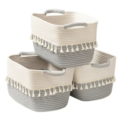 Tassels Storage Basket Cotton Rope Woven Boho Clothes Storage Bin for Books Plants Pet Treats 38x26x22cm