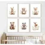Watercolour Kawaii Woodland Baby Animals Bear Rabbit Raccoon Poster Canvas Painting Wall Art Pictures Home Bedroom Decor