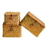 Rattan Weaving Wicker Shelf Baskets New Lid Rectangular Bin Handwoven Home Organizer Bedroom - Image 2