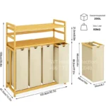 Laundry Basket with Bamboo Frame 200L 4 Compartments Extendable and Removable Laundry Bag Laundry Baskets Bamboo Beige ZSNJ-35 - Image 3