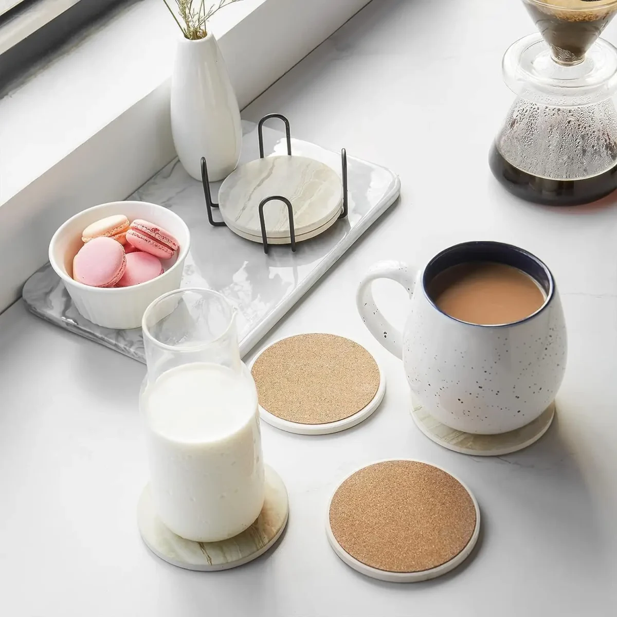6Pcs Beverage Coaster Set with Bracket, Marble Style, Ceramic Beverage Coaster for Desktop Protection - Image 6