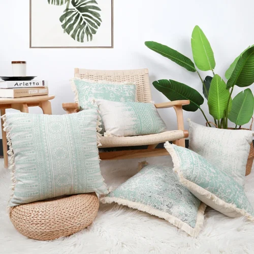 Vintage Pillow Cover 45x45cm/30x50cm Green Cushion Cover Cotton Linen With Tassles for home decoration Living Room Retro