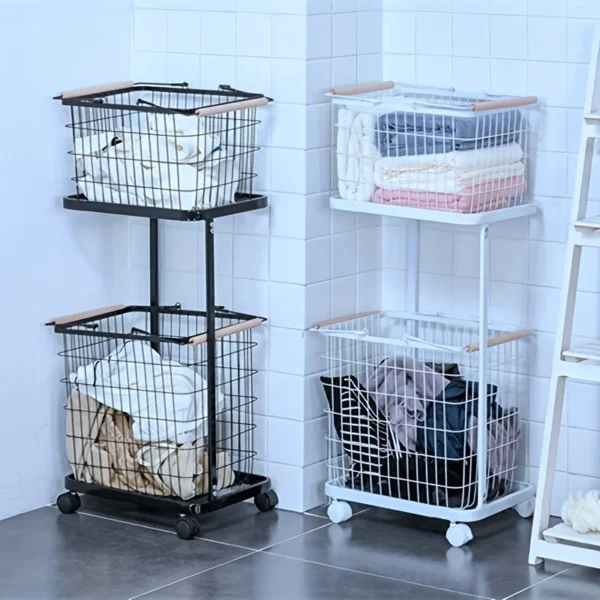 2-Tier Laundry Cart with Wheels - Stylish Metal Frame, 2-Section Storage Basket for Efficient Laundry Organization