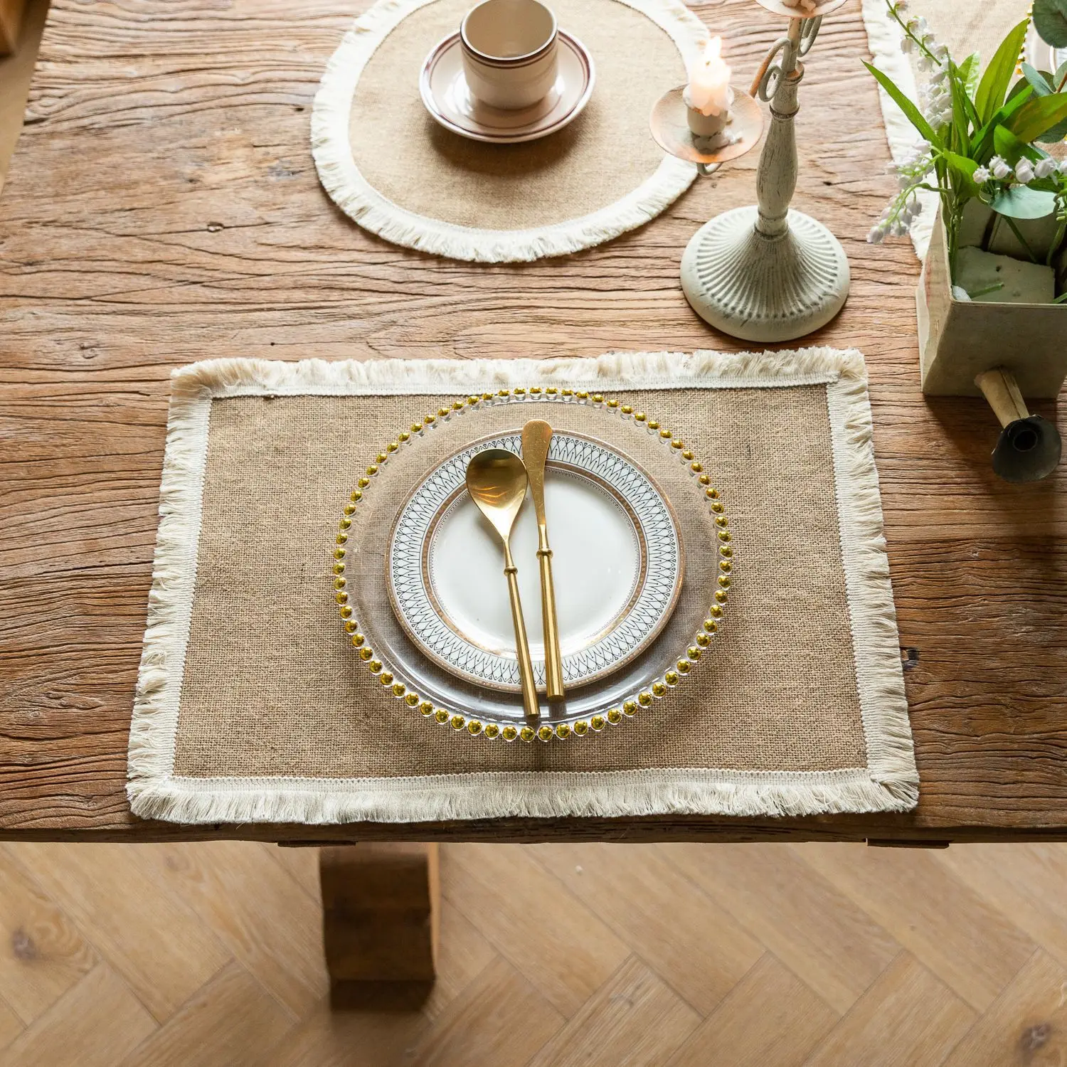 2 PCS Braided Placemats Heat Resistant Jute Table Mats Farmhouse Woven Fabric Natural Place Mats for Decorations Indoor Outdoor 25 kf