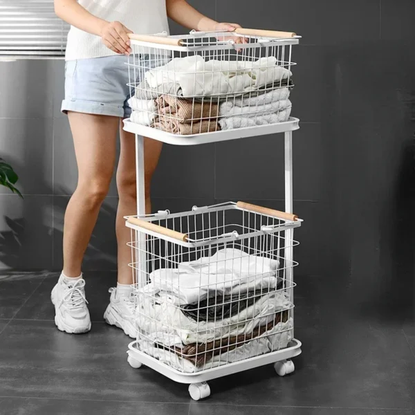 2 Tier Storage Cart Large Capacity with Wheels Removable Multifunctional Laundry Clothes Basket Storage Rack for Home Farmhouse