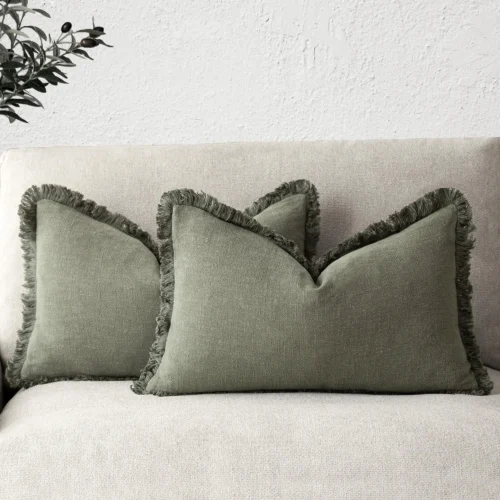 Set of 2 Decorative Linen Fringe Lumbar Throw Pillow Covers Boho Farmhouse Cushion Cover with Tassels Soft Pillowcase for Couch