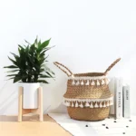 Handmade Bamboo Storage Baskets Foldable Laundry Straw Patchwork Wicker Rattan Seagrass Belly Garden Flower Pot Planter Basket - Image 2