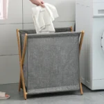 Dirty Clothes Laundry Basket Wood Bracket Foldable Cotton Linen Storage Baskets Bathroom Organizer Japanese Style Clothes Hamper - Image 2