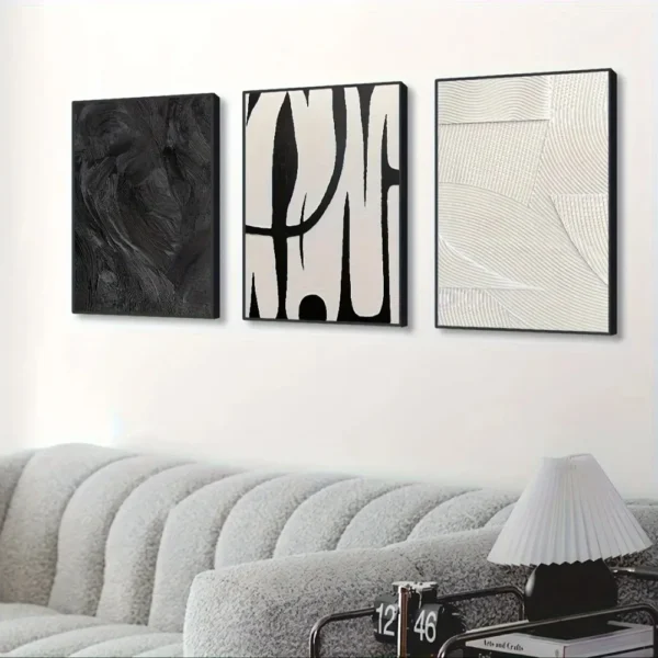 3pcs Abstract Black and White Canvas Wall Art Set Posters, Texture Paintings for Room Decoration
