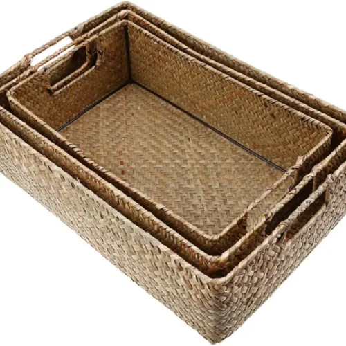 woven Seaweed Storage Baskets Rectangular Organizer Boxes Pantry Storage Laundry Basket Lid Home