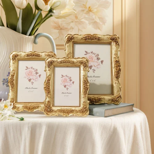 Golden Rose Relief Photo Frame - Elegant European Decor Piece