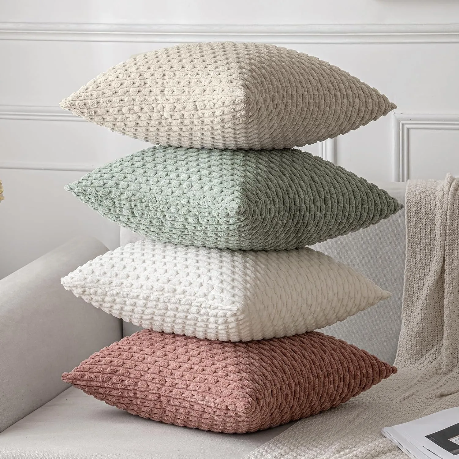 Green Pillow Covers Spring Decorations Boho Striped Corduroy Throw Pillow Cases Soft Plush Farmhouse Couch Cushion Case 45x45CM 7 kf S42f816d3e8c5407fbbe5b33dfcf291f63