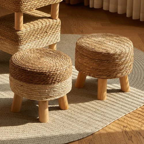 Grass woven stool, rural low stool, rattan woven shoe changing stool, thickened woven seat cushion stool