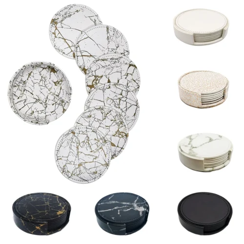 6 Pcs Artificial Leather Coasters Marble Style with Holder Drink Coaster for Bar Kinds of Cup Kitchen Dining Table Decor