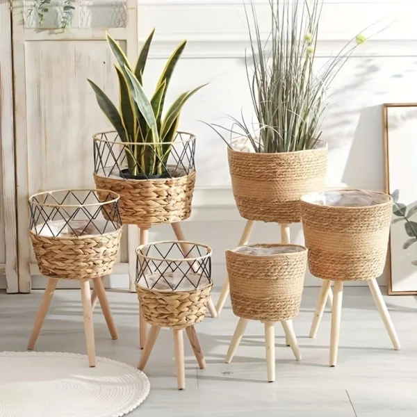 Wood Woven Plant Pot on Standing Flower Pot Storage Basket Indoor Planters Classic Style Garden Decor Essentials Home Decoration