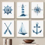 Coastal Blue Watercolor Nautical Art for Beach House Charm