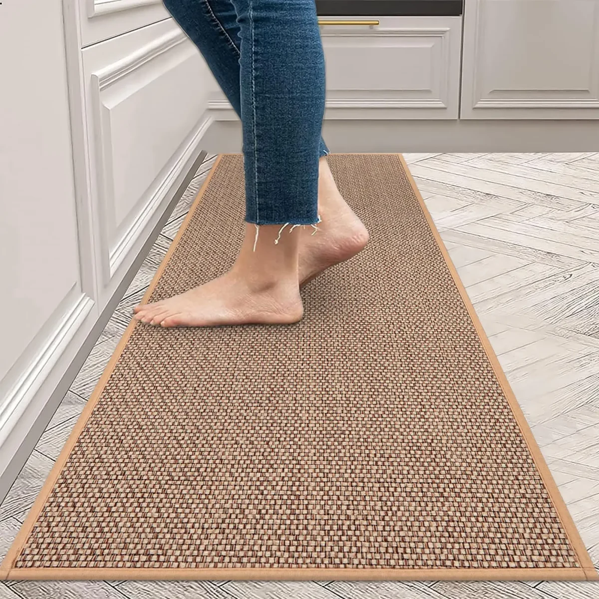 Linen Weave Kitchen Floor Mat Anti-slip Washed Rug Rubber Bottom Natural Twill Flax Entry Door Long Carpet Oil-resistant Durable - Image 1