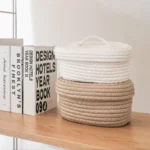 Cotton Knitting Storage Box Solid Color Oval Desktop Finishing Box with Lid Cosmetic Storage Basket - Image 5