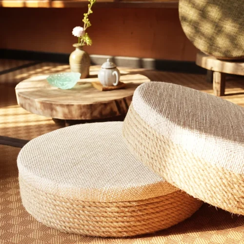 Woven Tatami Floor Cushion Round Straw Pouf Floor Seat Japanese Tea Room Pad for Meditation Zen Style Living Room Seat