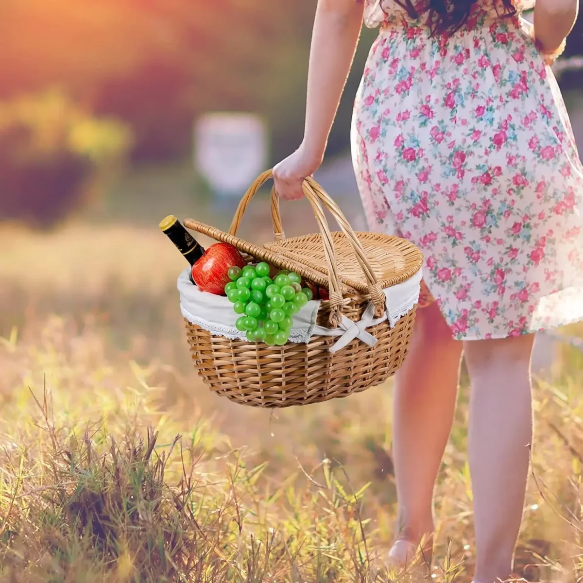 Wicker Picnic Basket with Handle High-End Camping Picnic Hamper Kitchen Willow Storage Basket Fruit Vegetable Container Basket - Image 3